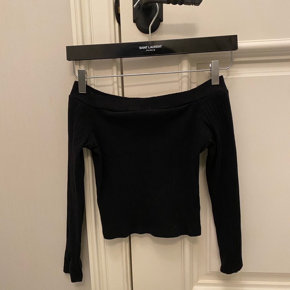 Off shoulder ribbed black top with forearm length sleeves from shein